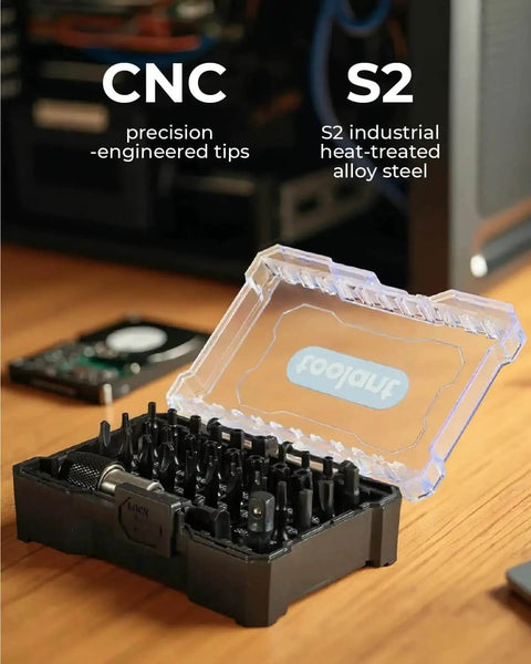 32 Piece Pro Grade Tamper Proof Security Bit Set With Torx Hex Tri Wing Spanner And Clutch Bits Quick Release Bit Holder One Quarter Inch Adapter For Electric Drills And Impact Drivers in open case on wood surface