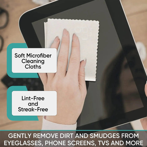 Hand using microfiber cloth on tablet screen, showcasing 12 Pack Microfiber Cleaning Cloths For Glasses Phones Screens Lint Free.