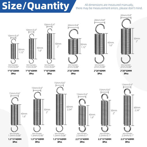 Stainless steel extension springs with opening hooks, 36pcs in 12 sizes for machinery and industrial use.