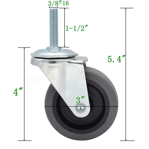 3-Inch Thermoplastic Rubber Caster Wheel With 3/8-16 Threaded Stem, 1-1/2 Inch Length, Heavy Duty Swivel Wheel dimensions view