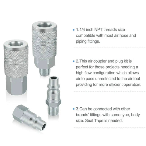 Heavy Duty 3 By 8 Inch High Flow Air Coupler And Plug Kit With 1 By 4 Inch NPT Threads Steel 9 Piece Air Compressor Hose Fittings Set For Beast Quick Connects And Locking Balls in silver steel with threaded design and text overlay.