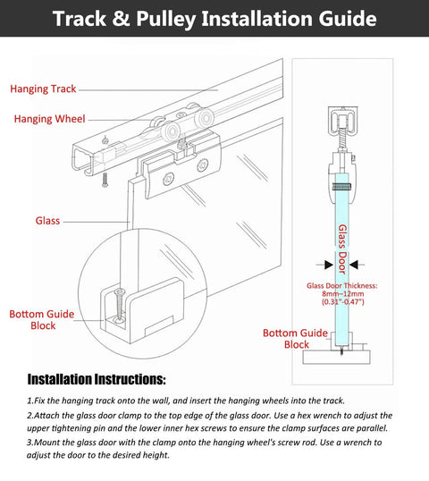 Installation diagram for Dual Soft-Close Frameless Glass Sliding Door Track System With Wall Mount Pocket Hardware Kit For Barn Style Doors
