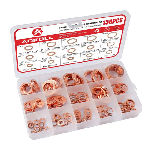 Copper Crush Washers Set, 150 Piece Metric M5 To M22 Assortment With 15 Sizes in an organized case