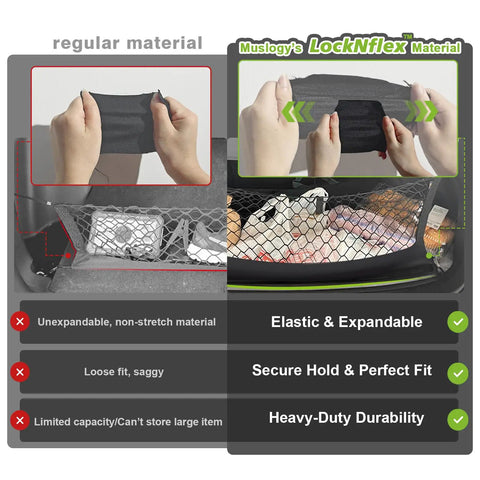 Comparison of heavy duty truck bed cargo net for Silverado and Sierra with LockNflex material versus regular material, highlighting features.