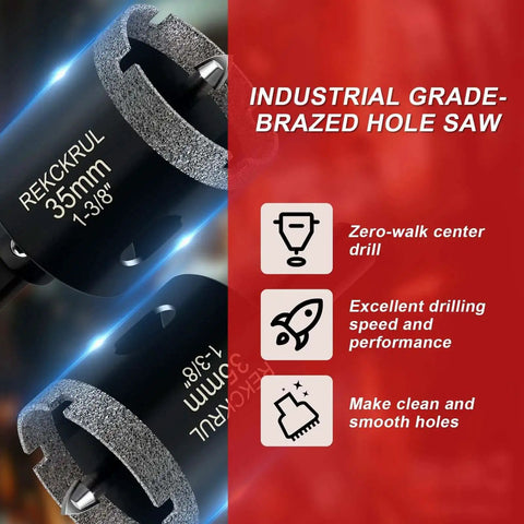 Close-up of 1 Inch Diamond Hole Saw with Pilot Drill Bit by REKCKRUL, 2 Pack Premium Tile Hole Saws for Porcelain Ceramic Granite Marble and Glass, One and Three Eighths Inch Cutting Depth, Diamond Coated Serrated Edge, Wet and Dry Use, showing industrial grade-brazed hole saw with descriptive icons.