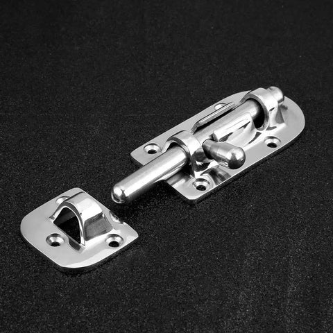 Front view of two-piece boat door latch set in marine-grade stainless steel with strike plate, 110mm