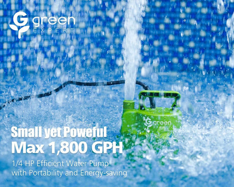 Green Expert 1/4HP submersible sump pump in water with 25-ft power cord; compact home drainage pump.