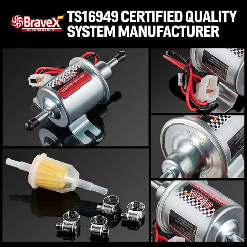 Universal 12V Inline Fuel Pump Low Pressure 2.5 To 4 PSI For Gas And Diesel HEP-02A with connectors and clamps
