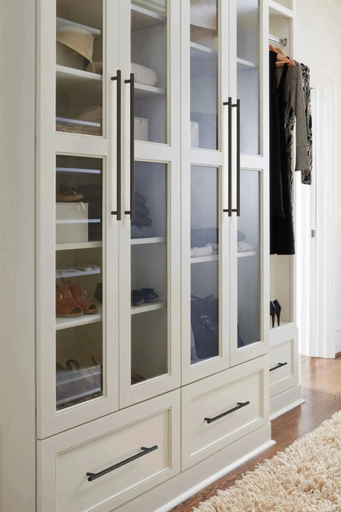 24 Inch Center To Center Matte Black Appliance Pull Bar Handle For Paneled Appliances And Large Cabinets installed on white cabinets