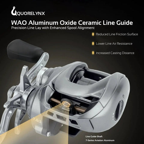 Side view: QUORELYNX DC electronic brake baitcasting reel, left-hand retrieve, aviation aluminum body