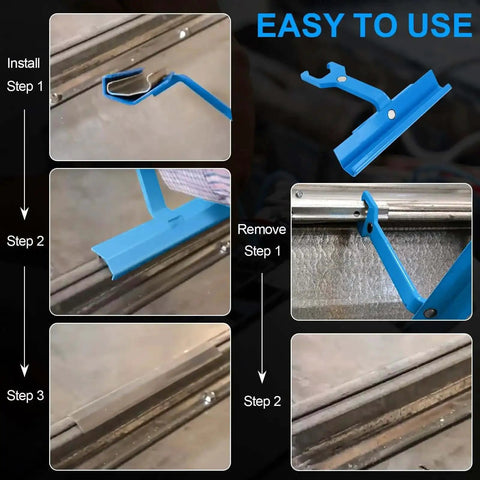 Guide showing the installation and removal process for a duct clip tool for HVAC ductwork with magnetic clip access in use on sheet metal.