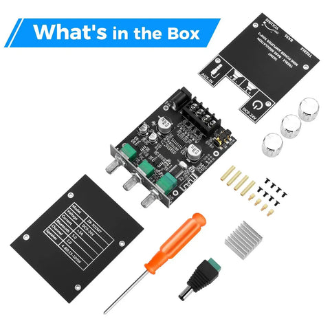 50W Per Channel Bluetooth Amplifier Board With Bass And Treble Control, components, screws, screwdriver, and panels for DIY projects.