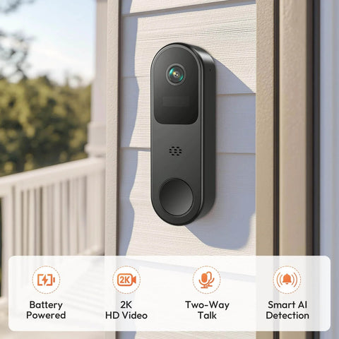 2K HD Battery Wireless Doorbell Camera With Ring Chime mounted on an exterior wall, featuring round lens and sleek black design