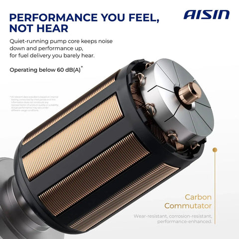 Close-up of carbon commutator in Aisin quiet-running fuel pump, focusing on performance and noise reduction features.