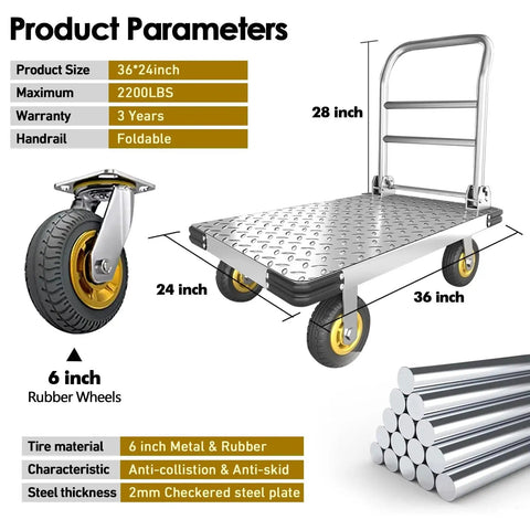 Heavy Duty Platform Truck With 2200 Lbs Capacity Foldable Moving Flatbed Cart, 36x24 inches, 6 inch wheels, steel construction, product parameters.