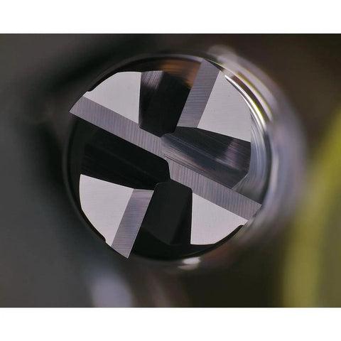Close-up of extra long carbide square end mill with four-flute design, MAH-coated, for cutting alloy steel, cast iron, hardened steel.