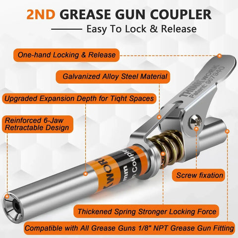 Ultra Slim 0.53 Inch Grease Gun Coupler Set, 2 Piece Quick Release Tips displayed, features labeled like locking, galvanized steel.