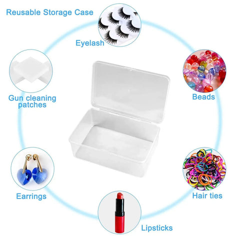 Reusable storage case shown empty with potential uses: eyelashes, beads, gun cleaning patches, earrings, hair ties, and lipsticks.
