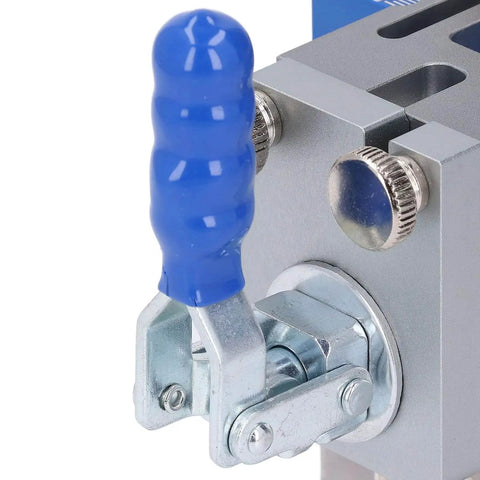 Close-up of a handle and clamp on Woodworking Dowel Jig Kit Drill Guide Locator Pro Grade Adjustable Multifunctional Tool
