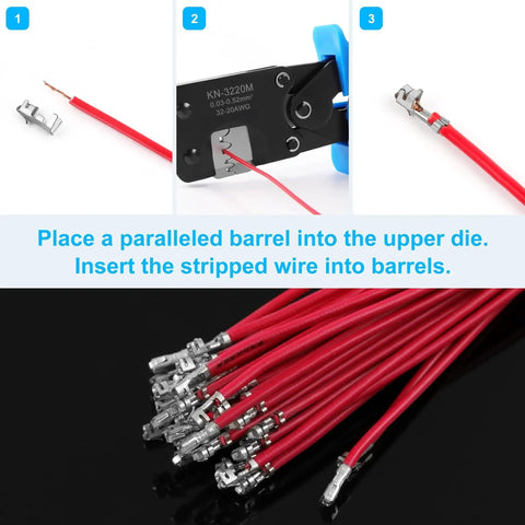 Micro Molex Crimper For D Sub JST And JAE Connectors with red wires and barrel connectors in use.