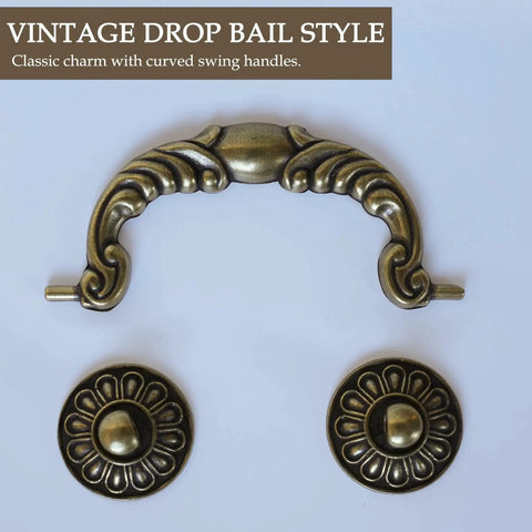 Six Pack Vintage Drop Bail Cabinet Handles In Antique Brass Finish with decorative rosettes, classic style for furniture updates.
