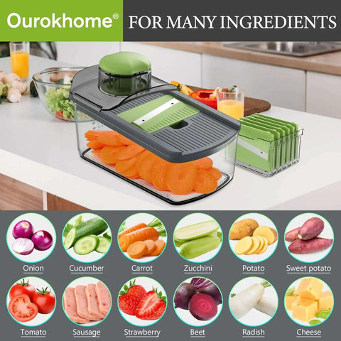 Mandolin Slicer For Kitchen 6 In 1 With 6 Razor Sharp Blades And Expanded Hand Guard Veggie Shredder On Counter with Carrots