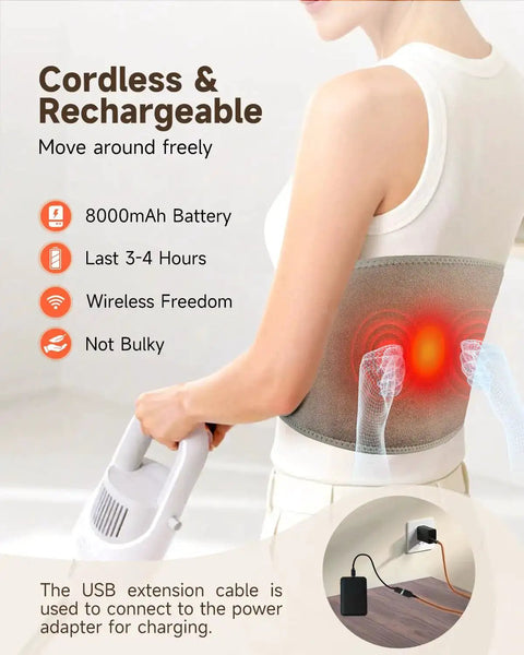 Woman using Wireless Heating Pad With Massager For Back Pain Relief, showcasing cordless design with 8000mAh battery and heat levels.