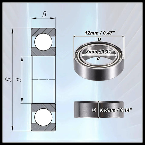 Diagram and dimensions of 8x12x3.5mm MR128ZZ Deep Groove Ball Bearings With Double Metal Shield, Silver Tone