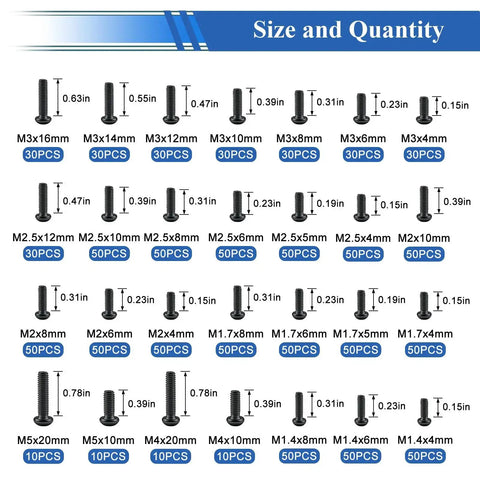 1080 Piece Tiny Micro Repair Screw Kit With 28 Sizes M1.4 To M5 Nuts And Bolts Stainless Steel 304 Assortment size chart