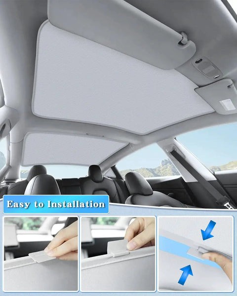Installation of Tesla Model 3 Sunshade Roof Heat Insulation UV Protection No Gap Easy Install inside vehicle cabin.