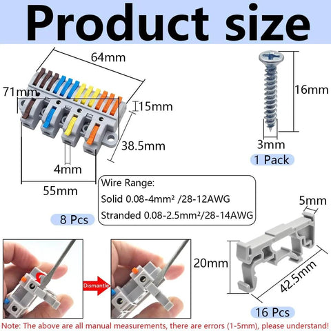 Four In Twelve Out Lever Terminal Block Kit with screw, wire range details, dismantled view, and DIN rail bracket sizes.