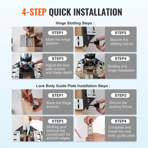 4-step quick installation guide for DIY Ready Door Hinge Jig For Woodworking Aluminum Alloy Hole Opener And Slotting Locator
