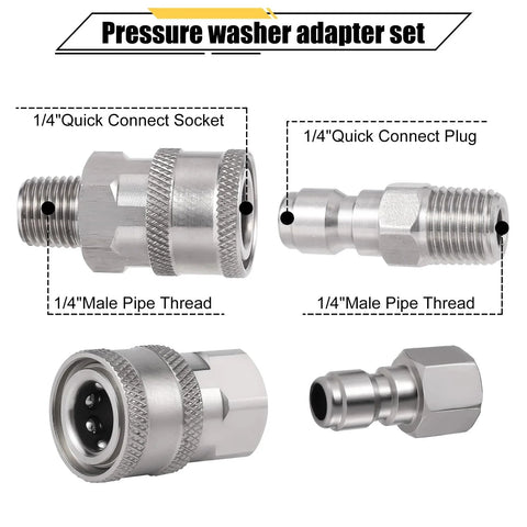 Pressure Washer Quick Connect Couplers Set One Quarter Inch Stainless Steel Fittings Male And Female NPT Compatible
