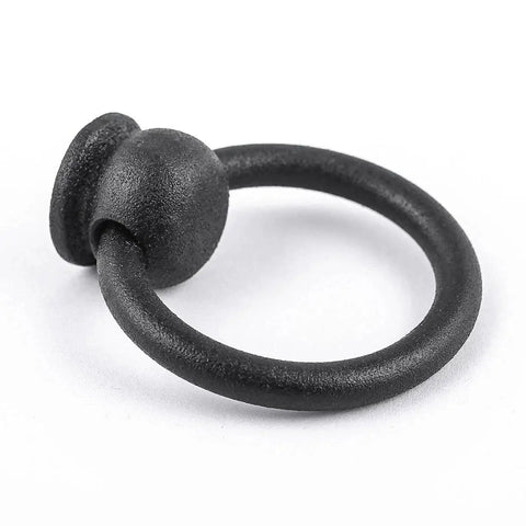 Close-up of a 2-Inch Black Wrought Iron Cabinet Handle And Drawer Pull Antique Style with Mounting Hardware, Mission Ring Pull Handle.