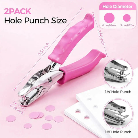 2 Pack Mini Circle Hole Punches One Quarter Inch And One Eighth Inch With Pink Soft Grip Handles handheld paper punch for crafts