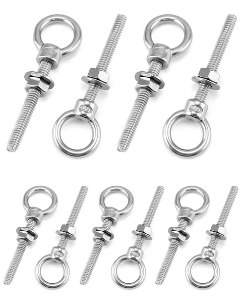 Ten Pack 316 Stainless Shoulder Eyebolts One Quarter Inch By Two Inch With High Corrosion Resistance And Four Hundred Pounds Working Load Limit For Straight And Angular Pulls Heavy Duty Marine Grade Hardware, front view, showing threaded eyebolts and nuts.