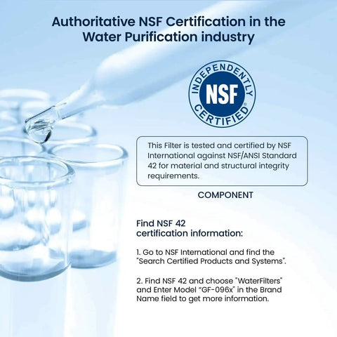 Glacier Fresh water filter cartridge with NSF certification badge; lab glassware in the background