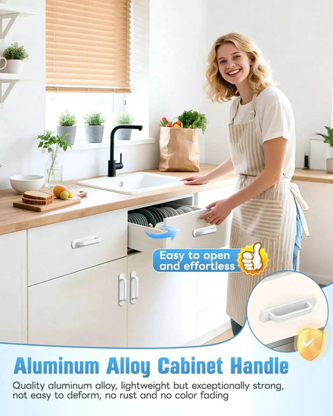 Woman in kitchen using 5.7 Inch Self Adhesive Aluminum Cabinet Handle Set Of 2 on white cupboard