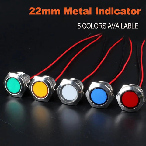 Pair 22mm Metal Indicator Light Panel Mount Seven Eighths Inch Hole Super Bright Red LED Waterproof IP67 110 To 220 VAC 20 mA