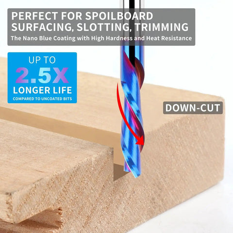 Downcut Spiral Router Bit For Wood With One Fourth Inch Shank And One Fourth Inch Cutting Diameter Solid Carbide With Nano Blue Coating Two And A Half Inch Total Length CNC Router End Mill For Smooth Cuts And Precise Wood Carving cutting wood