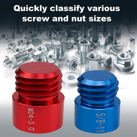54-Piece Nut And Bolt Thread Checker Kit For Tight Spaces With 27 Inch And 27 Metric Sizes Pro Grade Bolt And Nut Identifier Gauge In An Organized Foam Tray For Quick Inspections - close-up of thread checker gauges in red and blue.