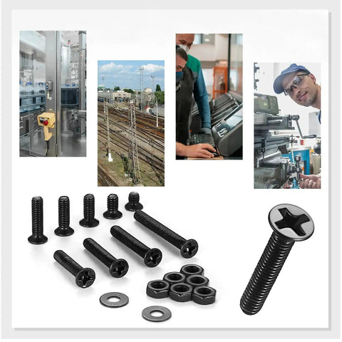 Beefy Heavy Duty M3 Screws And Nuts Kit 1110 Pcs Set With Black Phillips Flat Head Countersunk Bolts Washers And Nuts Carbon Steel Nickel Plated Rust Resistant Fasteners displayed with machinery and railway images