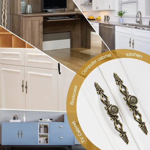 Antique Bronze Cabinet Knobs And Pulls With Plate 5 Inch Hole Centers on various furniture including kitchen and bookcase