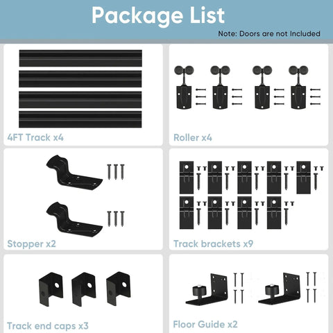 Package contents of 16 Foot Heavy Duty Box Rail Exterior Barn Door Hardware Kit For Two Doors Outdoor Sliding System Weather Resistant Anti Corrosion Finish Ideal For Sheds Stables Garages And Outdoor Barns Black 450 Pound Capacity Per Door, showing tracks, rollers, stoppers, brackets, caps, and guide.