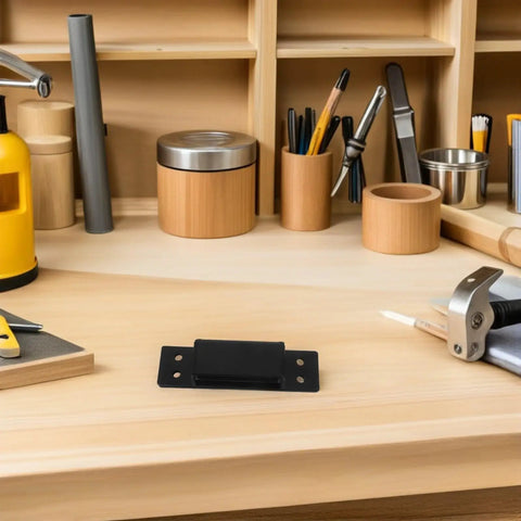 Hidden 5 Inch Black Concealed Wood Door Hinges for Secret Doors and Bookcases on wooden desk in workshop
