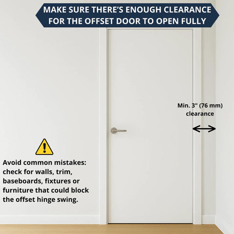 Door with offset hinges clearance warning for 3 Pack Offset Door Hinges Brushed Nickel 3.5 Inch 5/8 Inch Radius Swing Clear.