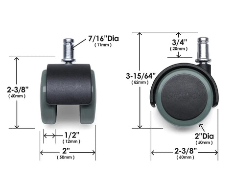 Office Chair Caster Wheels Floor Protecting 2 Inch 50 Mm Twin Rubber Rollers Set Of 5 With Standard 7/16 Inch Stem Black And Gray dimensions