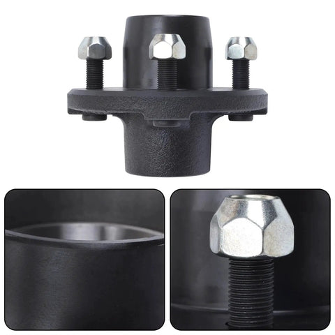 Close-up view of Two Sets 4 On 4 Inch Trailer Hub Kit With 1 Inch Square BT8 Spindle And Complete Trailer Bearing Kit.