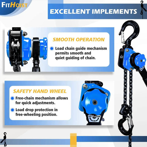 Half Ton Chain Hoist Come Along With Ten Foot Lift G80 Chain With Two Hooks, highlighting smooth operation and safety hand wheel features.