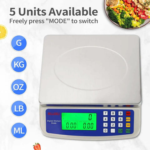 Pro Grade Digital Kitchen Scale 30Kg Commercial Food Scale 66Lb For Baking Bread And Meat, Stainless Steel, Price Computing LCD Display, Prep Counting Scale For Parts And Coins, Adapter Included, showing LCD display and unit options.